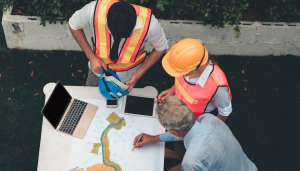 3 personnes travaillant sur un plan de construction